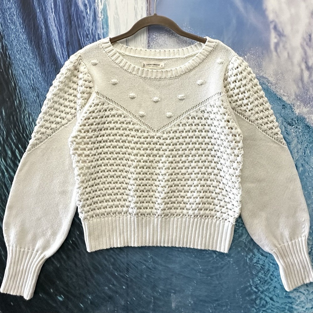 Lucky Brand Knit Sweater Pompoms Crochet Ribbed Balloon Sleeve Cotton White